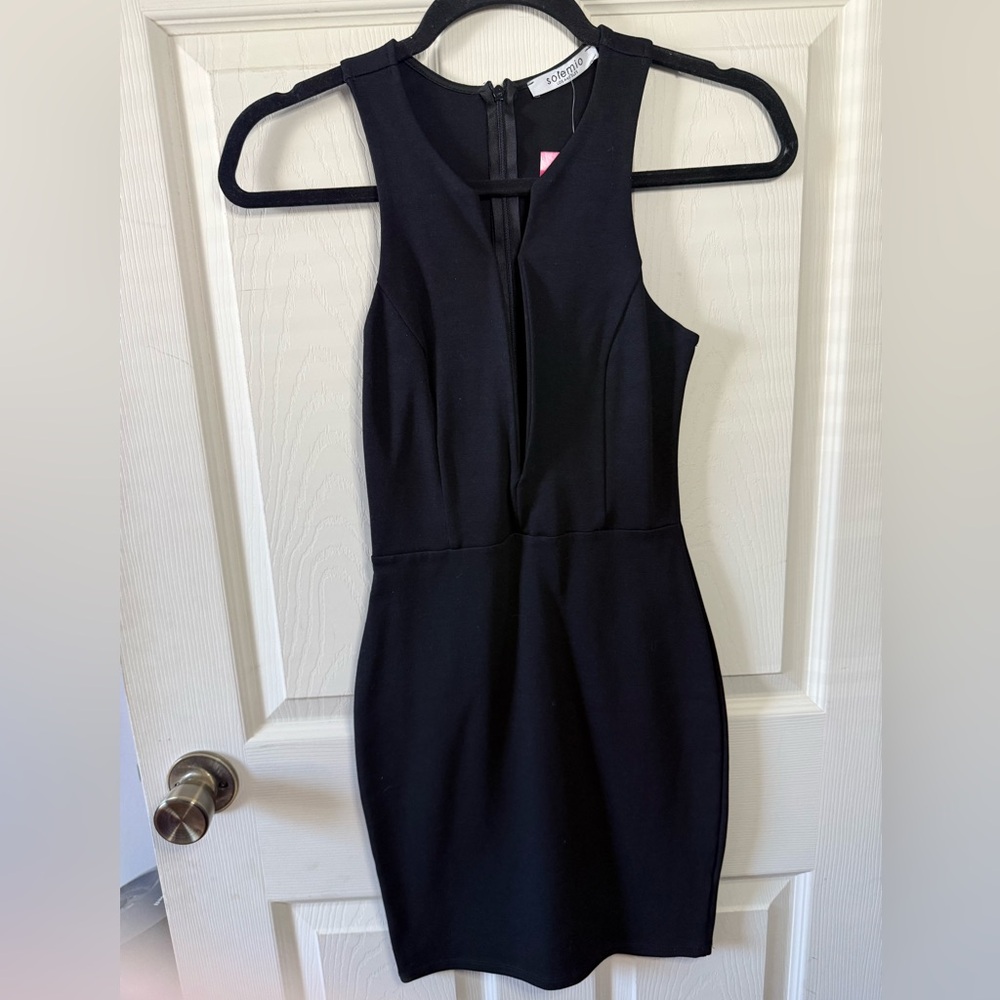 Solemio Black Bodycon Deep V Dress - Small - New!